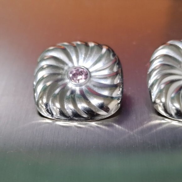 Sterling Silver Square Swirl Earrings With Pinkish Stone Centers - Picture 3 of 6